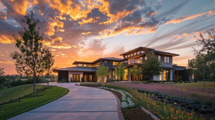 A large, beautiful, modern house covered with grass, with a beautiful surrounding atmosphere.