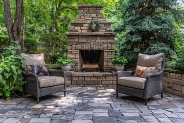 Rustic Vintage Brick Wall with Outdoor Patio Furniture, Fireplace Setting