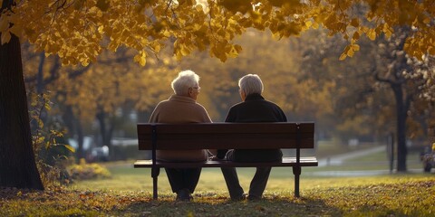 A serene portrait of an elderly couple sitting on a park bench, holding hands and enjoying a peaceful moment together, reflecting a lifetime of companionship and love