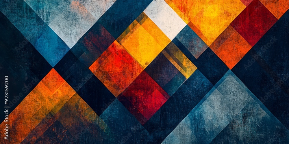 Poster Generate an intricate geometric pattern with bold colors and abstract textures forming a decorative and elegant background that highlights the blend of modern design