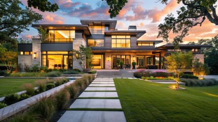 Obraz premium A large, beautiful, modern house covered with grass, with a beautiful surrounding atmosphere.
