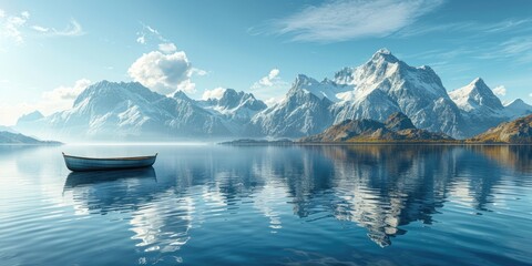 Obraz premium A stunning seascape with a majestic mountain range, a tranquil sea, and a sailboat drifting on the gentle waves, set against a breathtaking blue sky.
