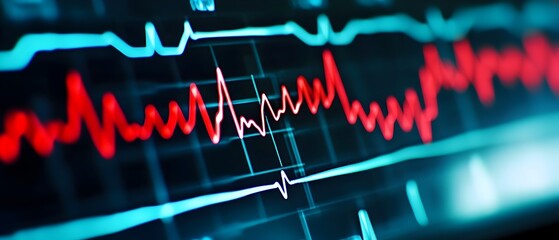 Close up view of an electrocardiogram EKG machine displaying irregular and abnormal heart rate patterns
