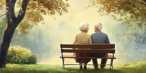 A serene portrait of an elderly couple sitting on a park bench, holding hands and enjoying a peaceful moment together, reflecting a lifetime of companionship and love