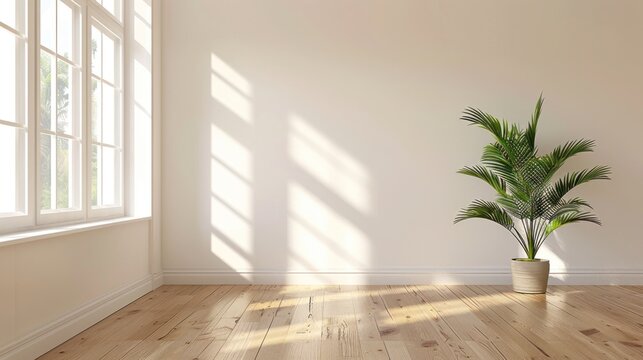 A small living room with white walls, hardwood and a small potted plant. Morning sunlight shines in.