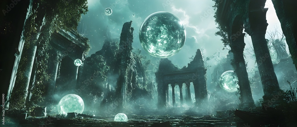 Poster mystical journey through ethereal realms with floating orbs wisps of spectral energy and enchanted a