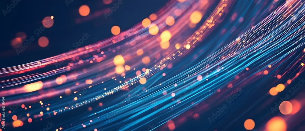 Poster glowing fiber optic telecommunication network visualizing intricate data transmission through glass 