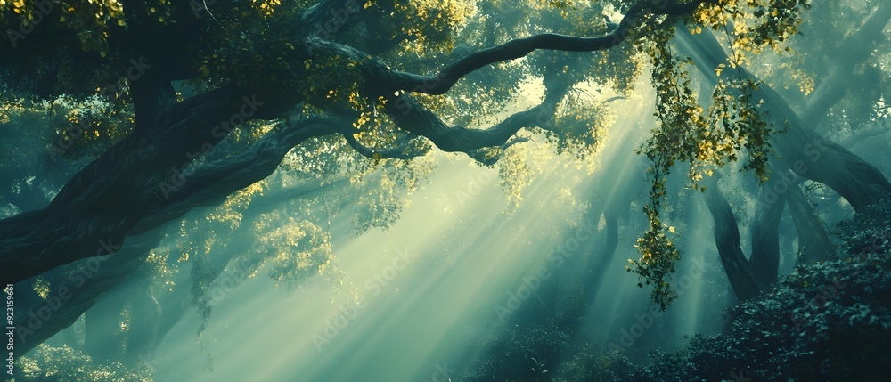 Poster ethereal sunlight dappled enchanted forest with tangled ancient trees draped in wispy mist creating 