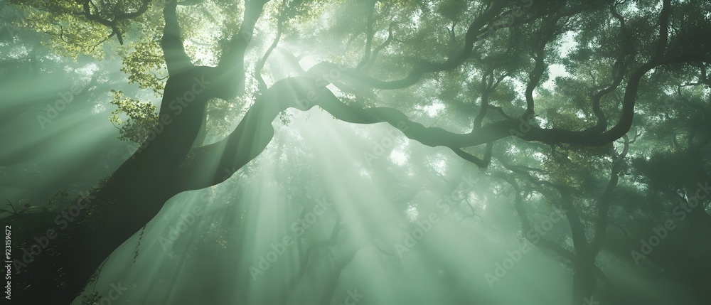 Poster Enchanting ethereal forest draped in wispy mist with ancient tangled trees and sunlight filtering through the canopy creating a magical cinematic atmosphere  A serene