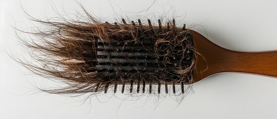 Closeup of a hairbrush filled with a significant amount of hair strands symbolizing the issue of excessive hair shedding and hair loss