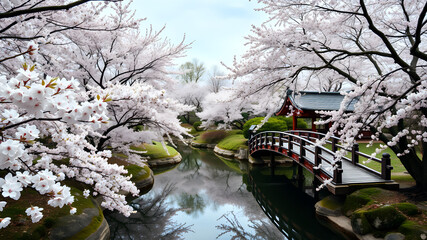 Obraz premium Exquisite, Japanese cherry blossom garden, blooming trees, quiet, high quality, realistic, quiet, Zen, spring, wooden bridge, cherry blossom viewing