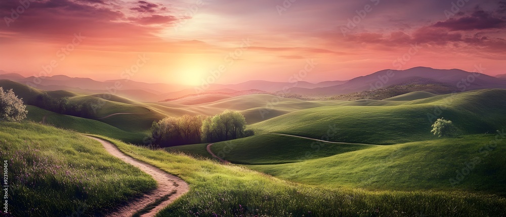 Poster serene landscape of rolling hills and winding paths illuminated by the soft glow of the setting sun 