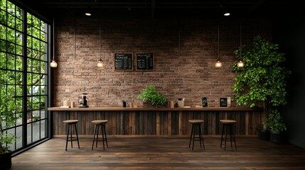 Stylish coffee shop interior featuring a wooden counter, stools, plants, and brick walls, ideal for modern cafe settings.