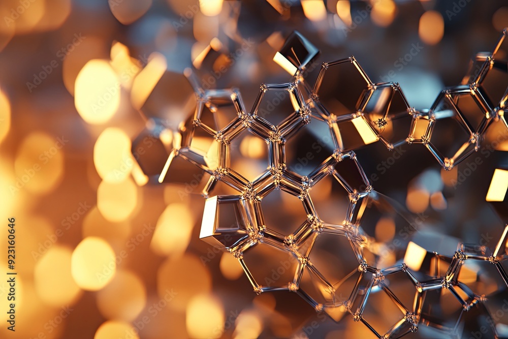 Poster abstract close-up of interconnected crystal structures reflecting warm light. generative ai