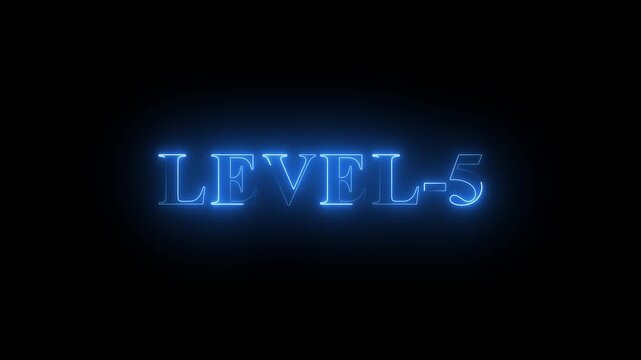 Level -5 text font with neon light. Luminous and shimmering haze inside the letters of the text Level-1.