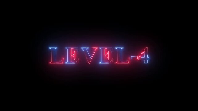 Level -4 text font with neon light. Luminous and shimmering haze inside the letters of the text Level-1.