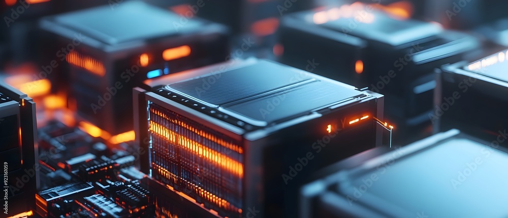 Poster advanced power cells with intricate circuitry and high tech energy storage components showcased in a