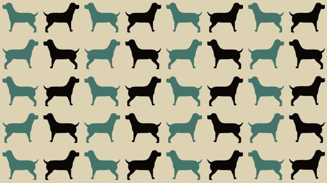 Stop motion twinkling black and teal silhouette dogs pattern on grey brown background. children's texture with cute dogs. simple pet dogs vector illustration