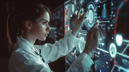 Woman in a lab coat interacts with a futuristic medical interface, possibly analyzing patient data or conducting research.