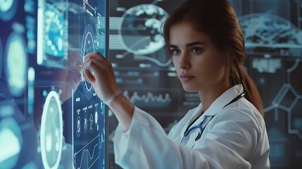 Female Doctor interacts with a digital interface, analyzing data and information. She is focused on her work, showcasing the potential of technology in healthcare.
