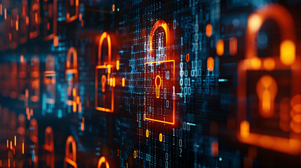 concept of financial data encryption with a visual of encrypted transaction codes, digital locks, and secure data streams