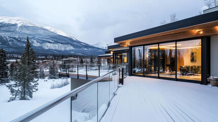 Fototapeta premium Modern cozy house with deck and stainless steel rails by snowy mount