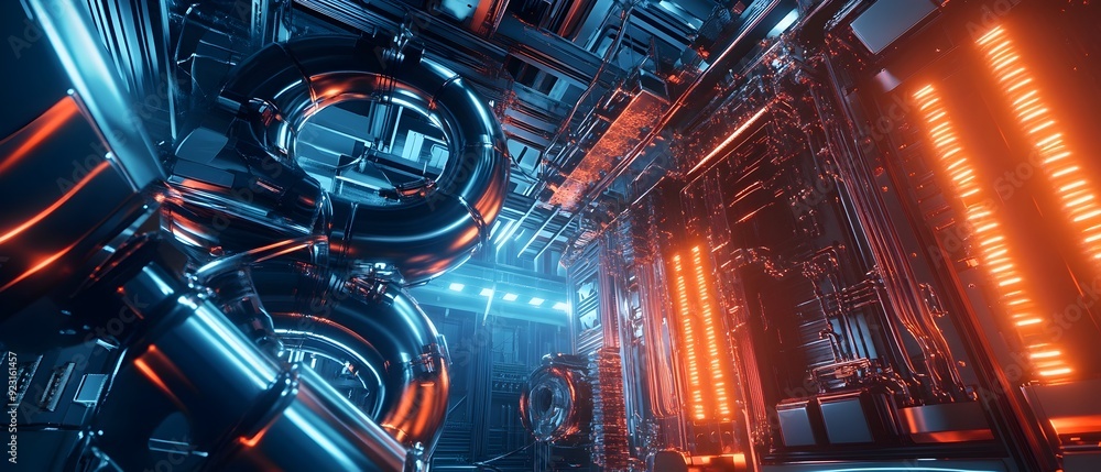 Poster futuristic sci fi power cells high capacity energy storage and intricate machinery with gleaming met
