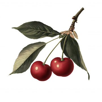 Old botanical illustration of a cherry isolated on a transparent background, capturing the fruit's detailed anatomy and natural beauty in a classic style. 