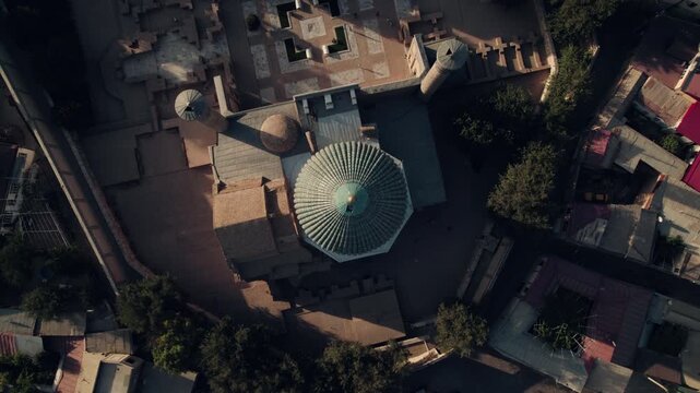 Overhead aerial view of beautiful dome of the Gur-e-Amir Mausoleum in Samarkand, Amir Temur Mausoleum Gur-i Amir Сomplex
