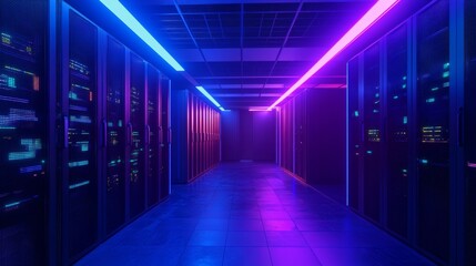 Fototapeta premium Modern server room with numerous multi-faceted cabinets, blue and purple lighting