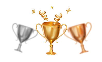 3d realistic golden trophy cup with confetti. Stock vector illustration on isolated background.	
