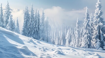 Photographer captures serene winter landscape with snowy mountain and snow-laden pine trees for peaceful magical atmosphere in soft blue light nature scenery concept.