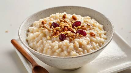 A bowl of oatmeal with almonds and cherries on a white background