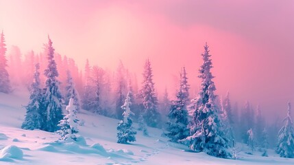 Naklejka premium Snowy forest bathed in the warm glow of sunrise. The trees are covered in a thick blanket of snow the sky is a beautiful blend of pink and blue. The mist adds to the ethereal beauty of the scene.