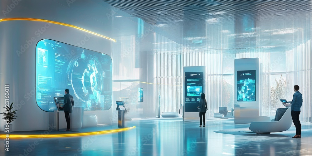 Poster a futuristic bank lobby with customers interacting with holographic screens and ai assistants for ef