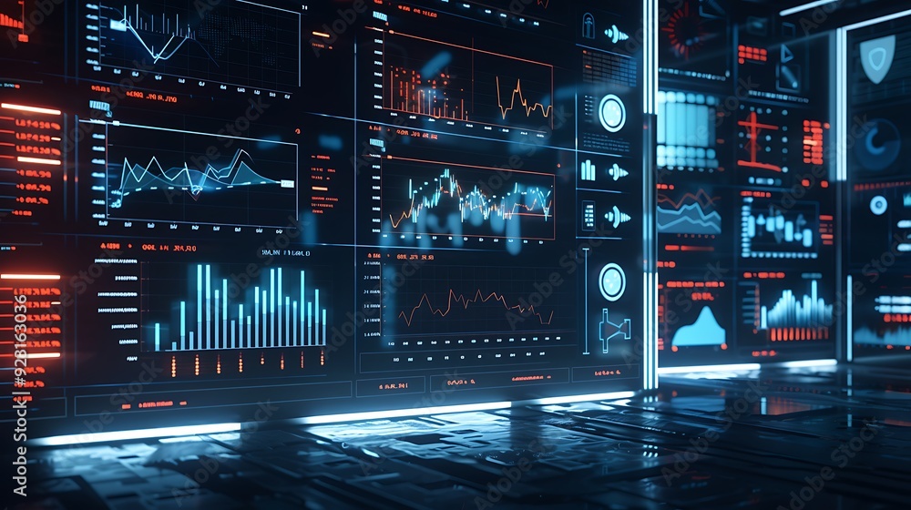 Poster futuristic data center with screens showing data and analytics.