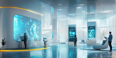 A futuristic bank lobby with customers interacting with holographic screens and AI assistants for efficient banking and financial management services