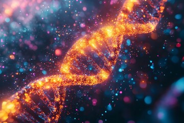Fototapeta premium Abstract DNA helix glowing with warm tones, surrounded by vibrant bokeh lights and digital waveforms.