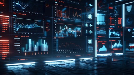 Futuristic data center with screens showing data and analytics.