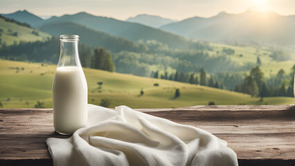 there is a bottle of milk on a table with a mountain view