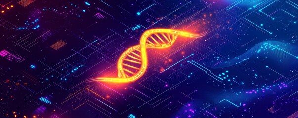 Abstract DNA helix glowing with warm tones, surrounded by vibrant bokeh lights and digital waveforms.