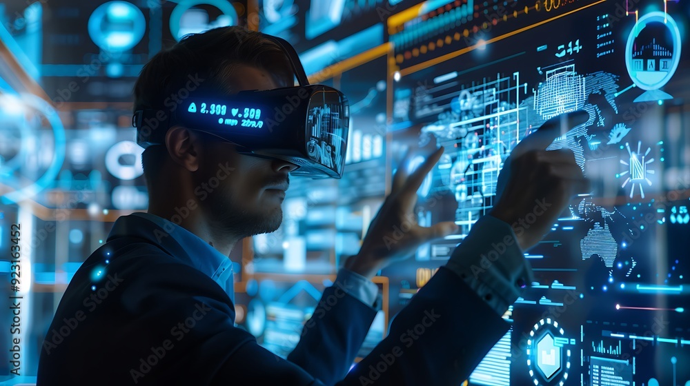 Poster man wearing a vr headset interacts with a digital world, navigating through data and information. th