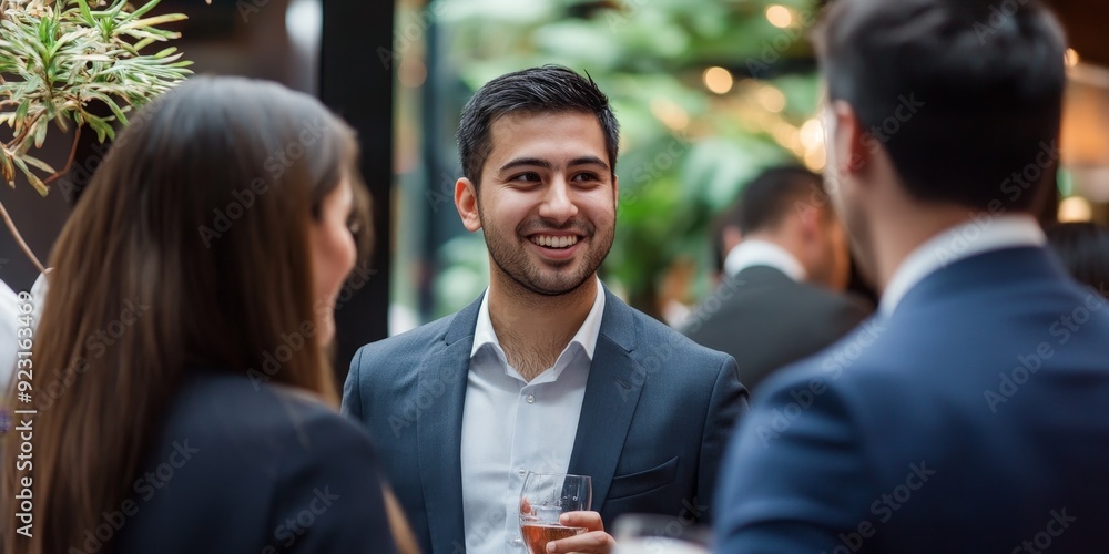 Poster corporate networking event with business professionals building partnerships and sharing insights, s