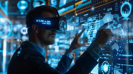 Man wearing a VR headset interacts with a digital world, navigating through data and information. This image represents the power and potential of technology in shaping our future.