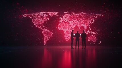 Three professionals observe a digital map projected on a wall, showcasing a modern vision of global connectivity and technology.