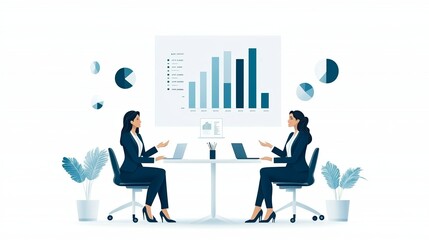 Obraz premium Two businesswomen discussing data analytics in a modern office setting, emphasizing growth through charts and collaboration.