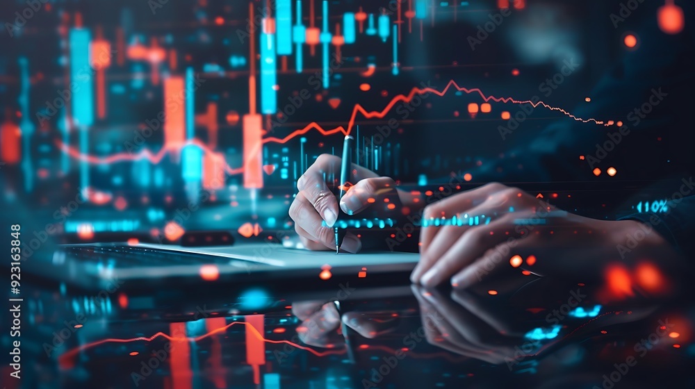 Poster close-up of a hand analyzing a stock market chart on a digital device. the image represents the conc