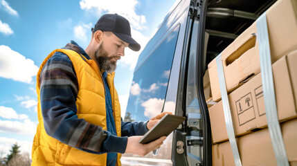 A company worker stands by his van, consulting a tablet as he prepares to gather stacked cargo boxes on a bright, cloud-filled day