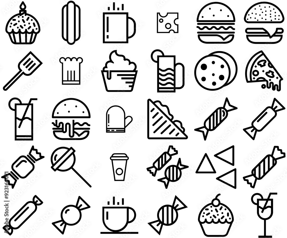 Wall mural set of linear bakery food icons web header banner design containing sweets,food,candy,sugar,dessert 