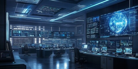 A high-tech control room with screens displaying real-time data and analytics, where a team of experts is monitoring and managing complex systems through advanced technology and automated processes
